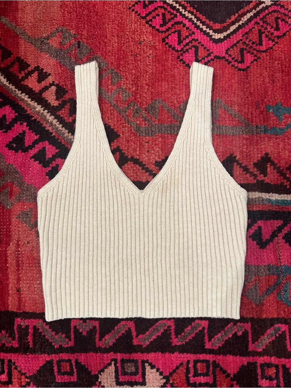 Cropped Ribbed Sweater V-Neck Tank Cream